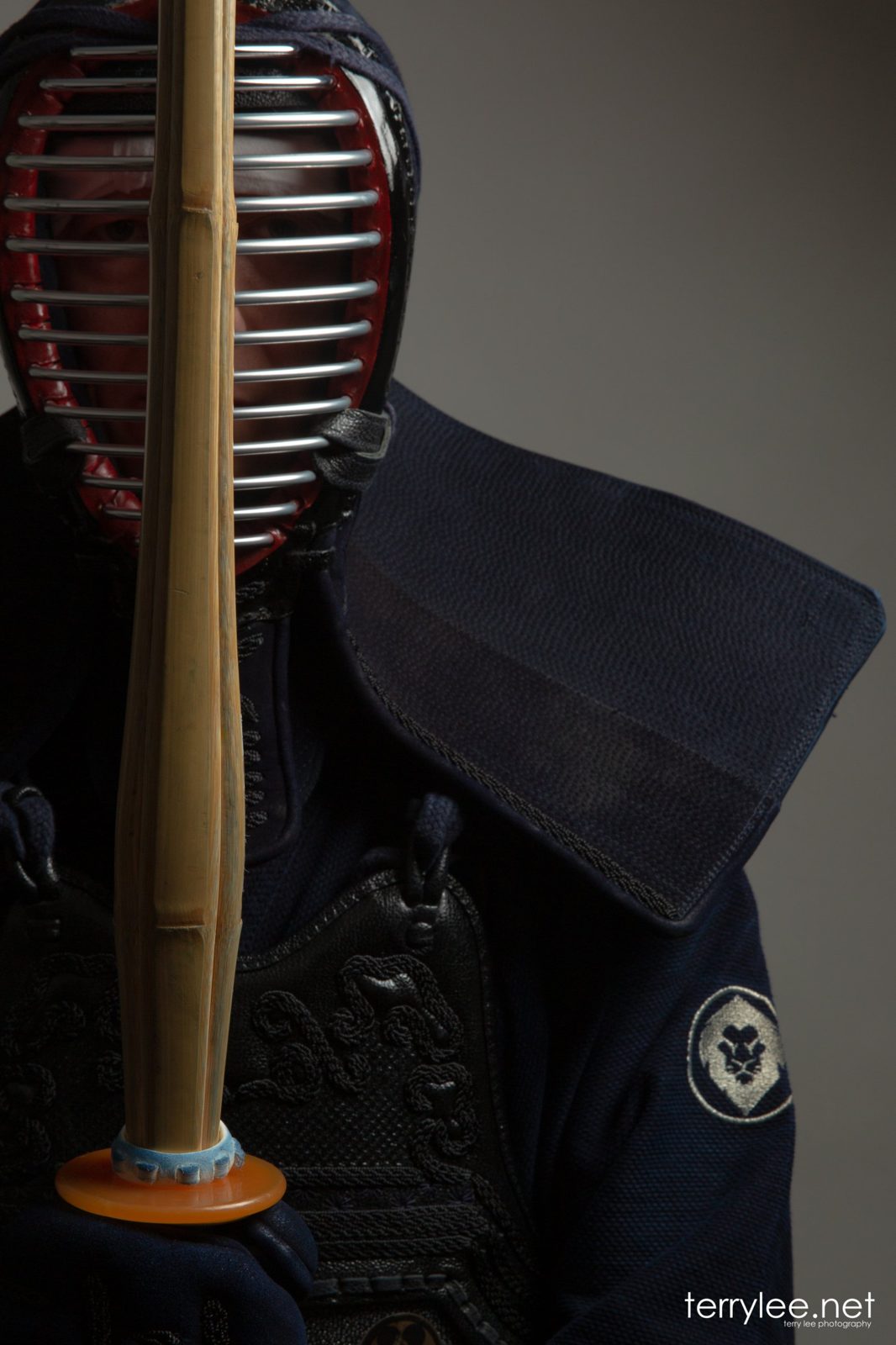 A kendoka in men holds a shinai upright in front of the face