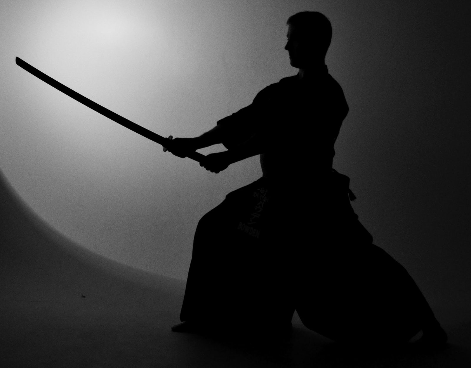 Silhouette of a kendoka holding a wooden sword in kamae